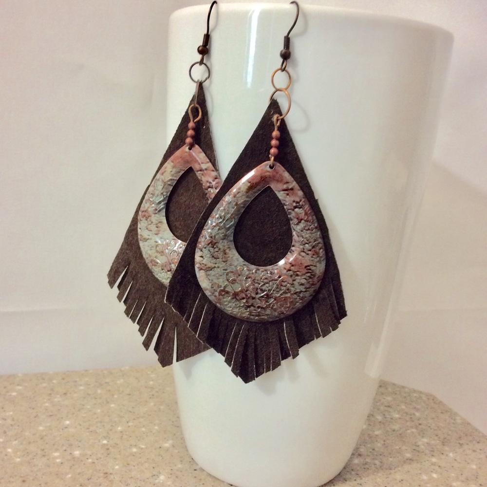 Southwestern aged copper leather tassels earrings new exclusive